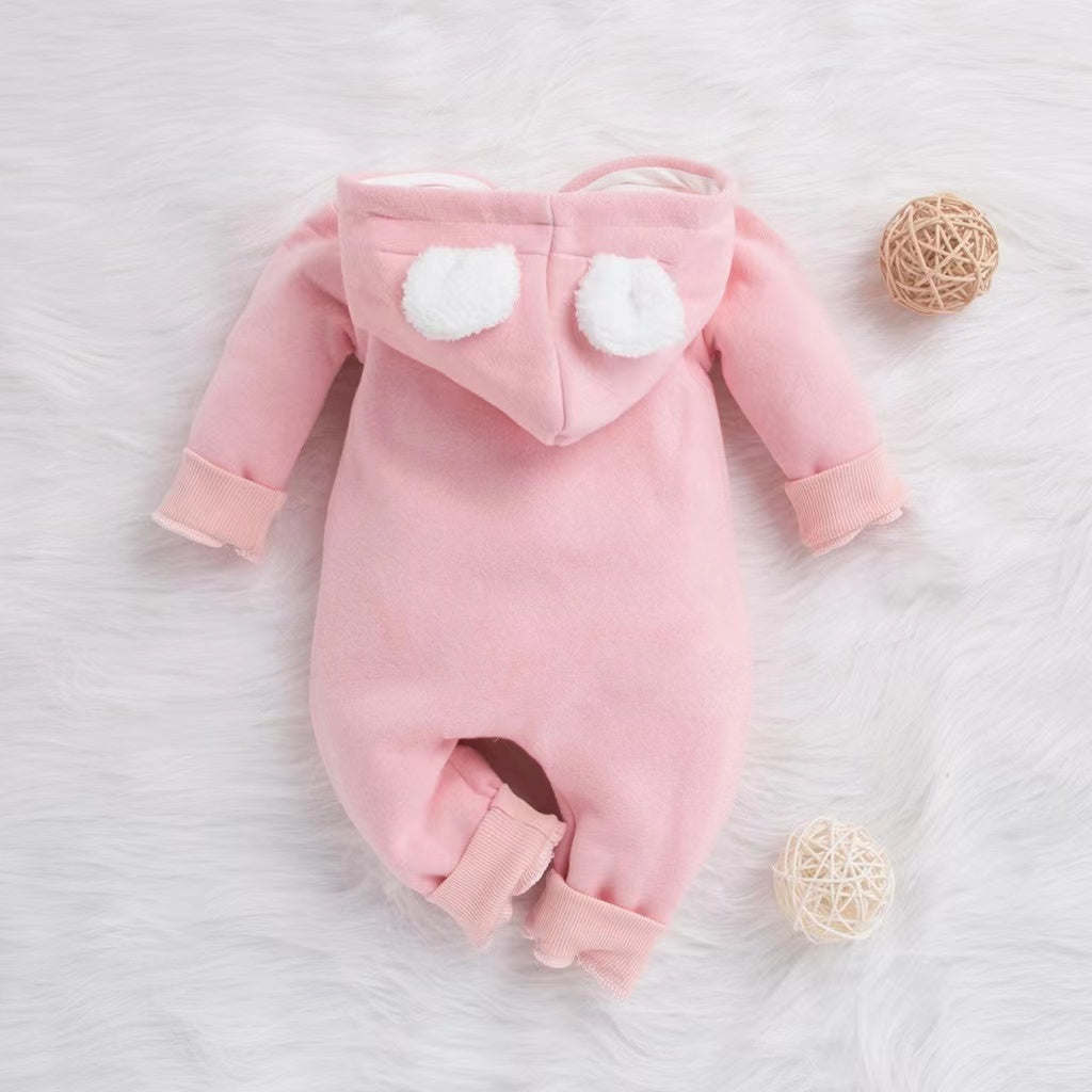 Baby Cartoon Cloud Pattern Zipper Front Solid Color Fleece Rompers With Hat