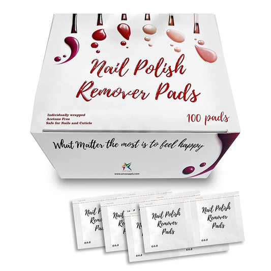 Nail Polish Remover Pads. Pack of 100 Remover Wipes. Non-Sterile Saturated Napkins 2-ply Kit. Non-Woven Cleansing Pads Set with Aloe; Panthenol. Individually Wrapped; Non-Acetone.