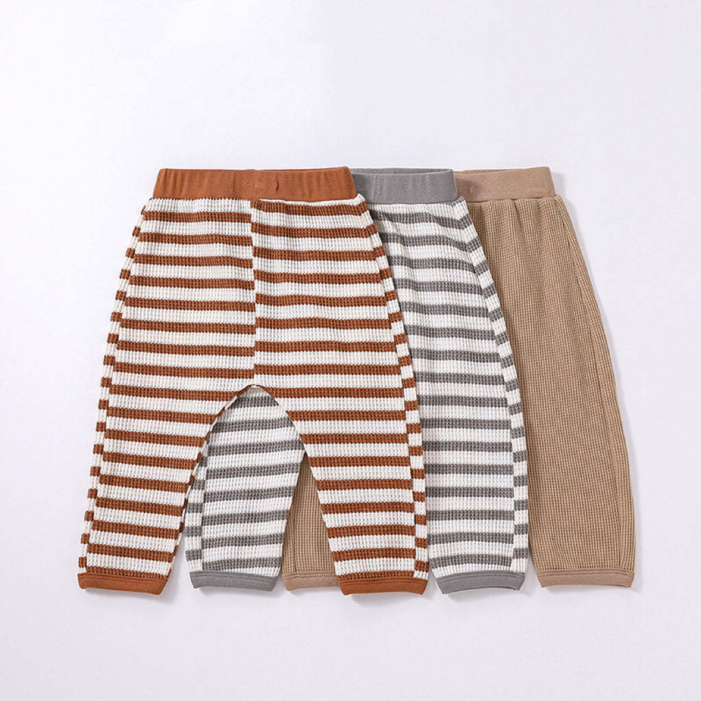 Baby Striped Pattern Or Solid Color Waffle Pocket Hoodie With Pants Sets