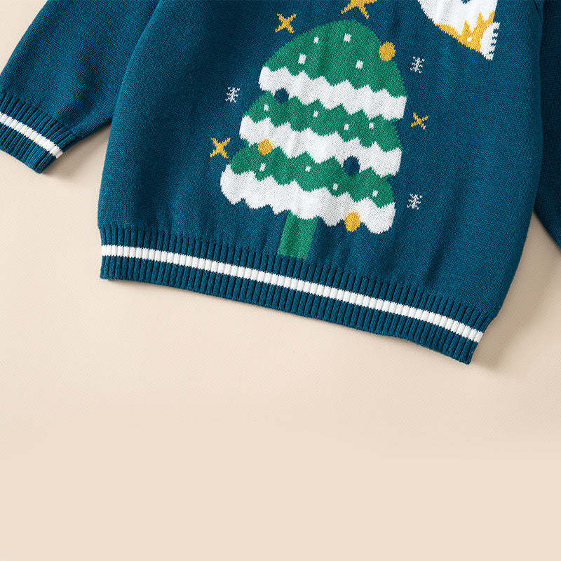 Baby Santas & Christmas Tree Graphic Shoulder Button Design Pullover Sweater