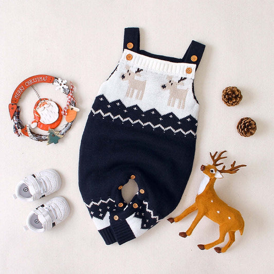 Baby Christmas Elk Pattern Srappy Design Sweater Rompers