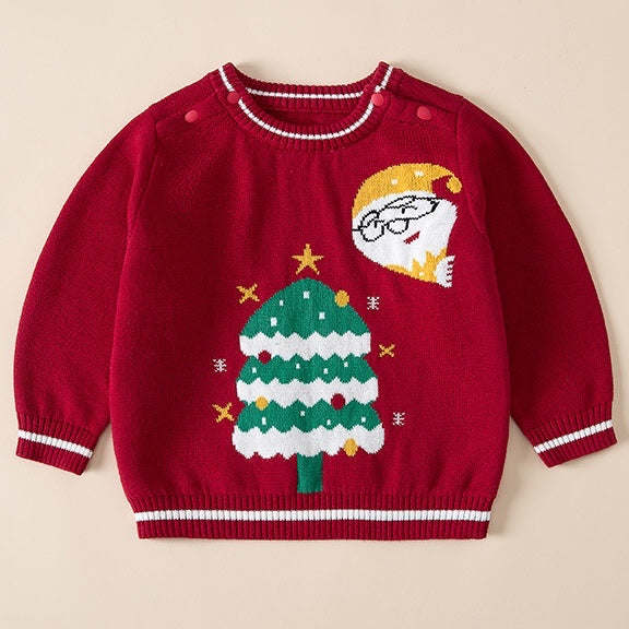 Baby Santas & Christmas Tree Graphic Shoulder Button Design Pullover Sweater