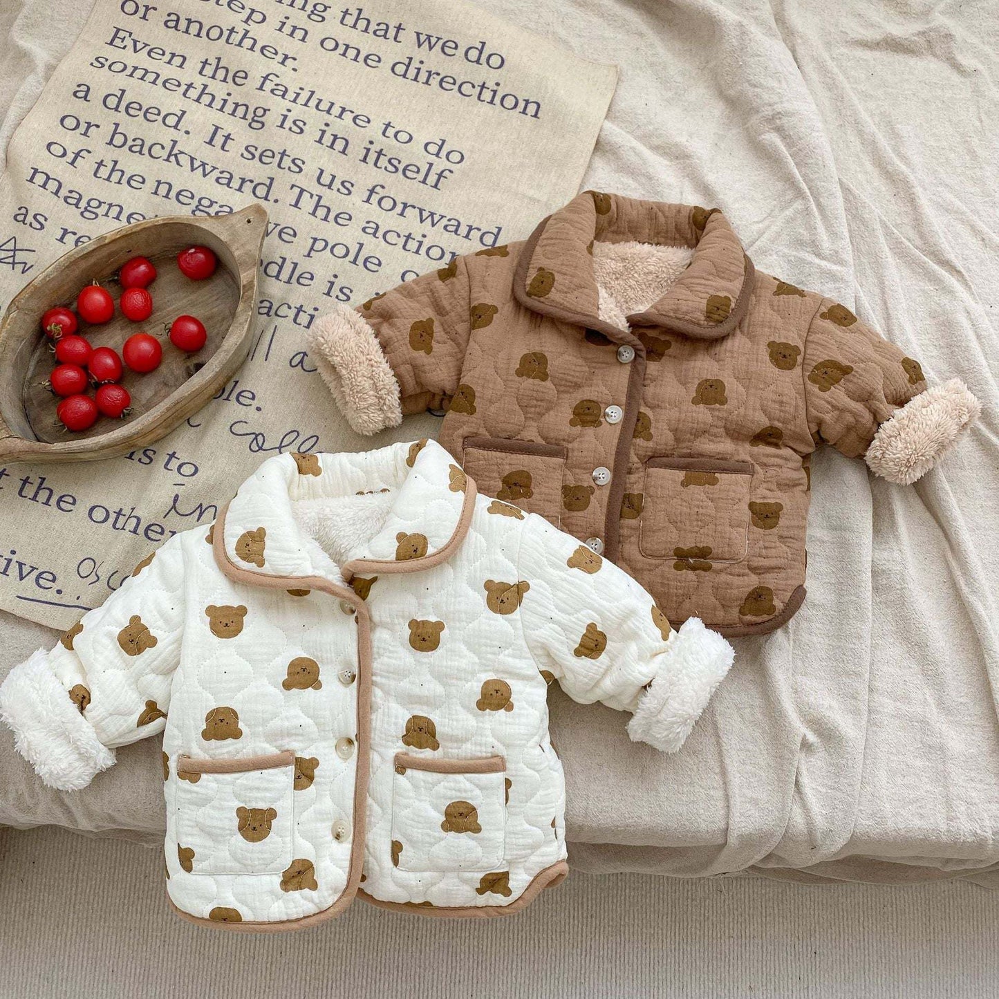 Baby Girl All Over Bear Graphic Quilted Warm Cotton Coat