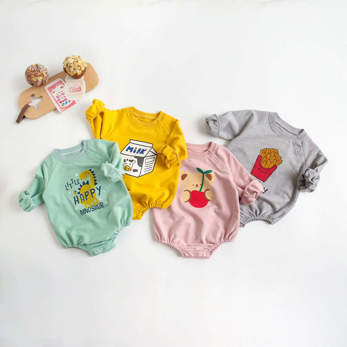 Newborn Baby Cartoon Graphic Shoulder Buckle Design Soft Onesies Bodysuit