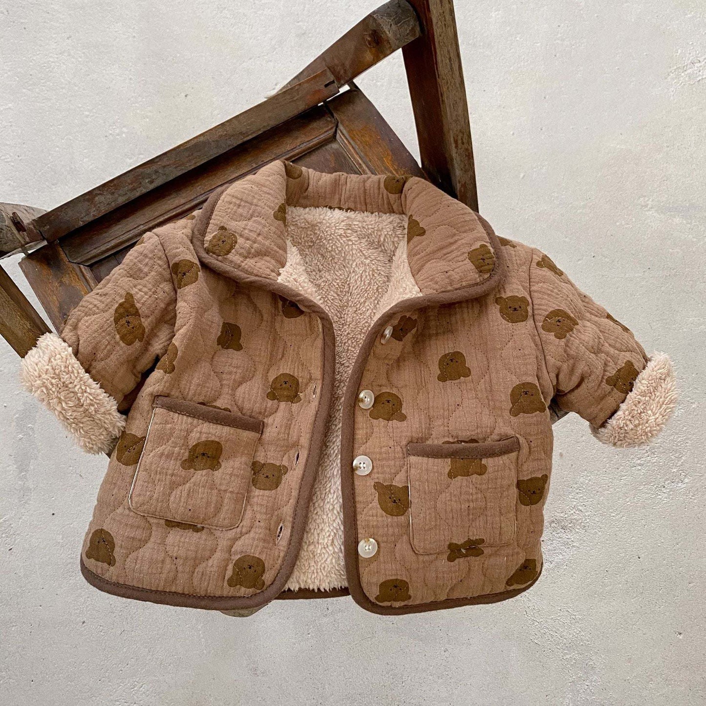 Baby Girl All Over Bear Graphic Quilted Warm Cotton Coat