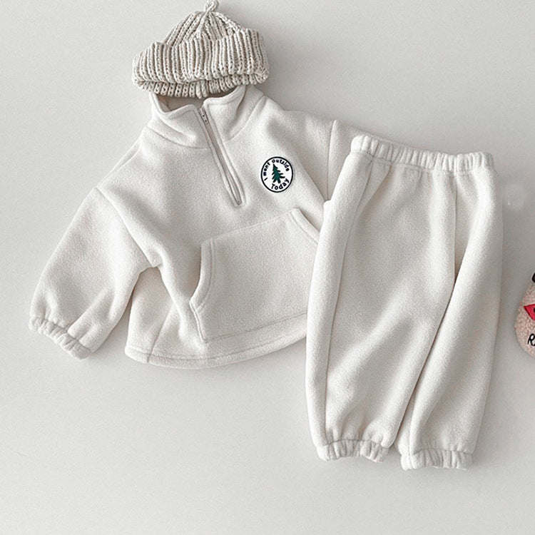 Baby Solid Color Stand Collar Autumn Winter Thermal Hoodies Sets