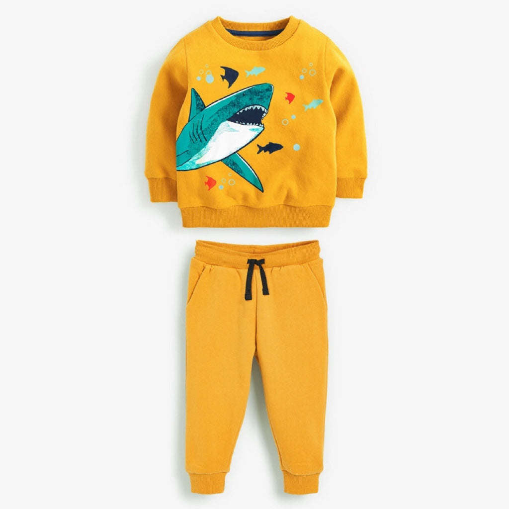 Baby Boy Cartoon Shark Graphic Hoodie Combo Solid Yellow Trousers Fleece Thermal Sets