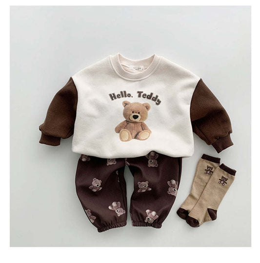 Baby Boy And Girl Bear Print Color Matching Design Spring Autumn Long Sleeve Hoodie
