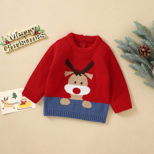 Baby Elk Print Pattern Christmas Style Pullover Sweater