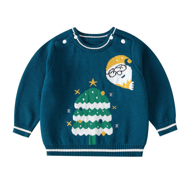 Baby Santas & Christmas Tree Graphic Shoulder Button Design Pullover Sweater