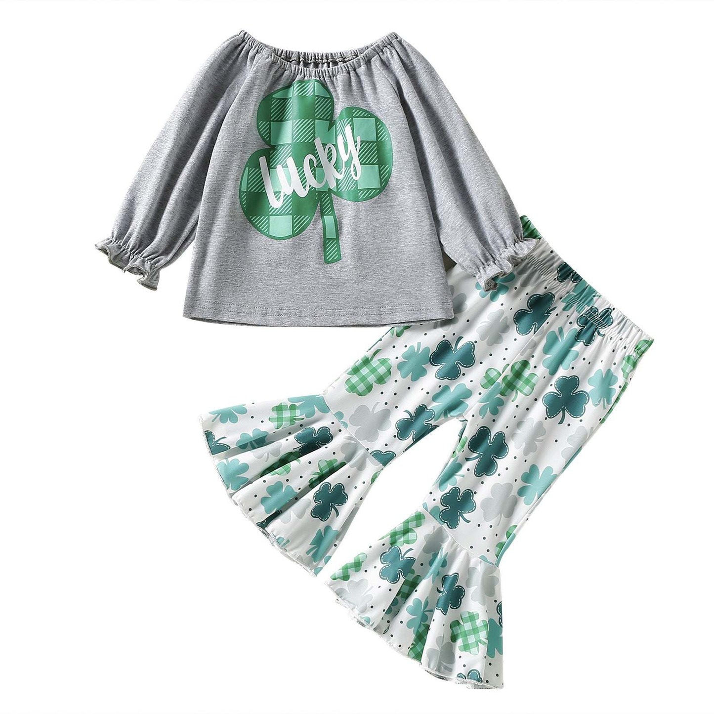 Baby Girl 1pcs 4-Leaves Grass Graphic Long Sleeve Tops Combo Allover Grass Print Ruffle Hem Pants Sets