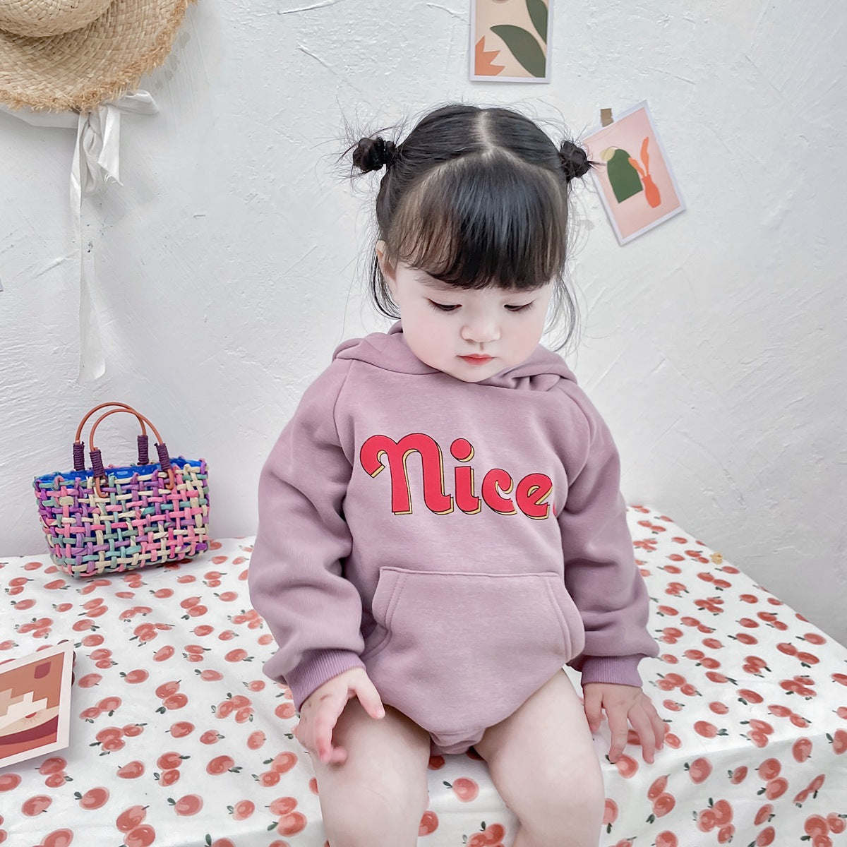 Baby Letter Print Pattern Solid Color Thickened Cotton Onesies