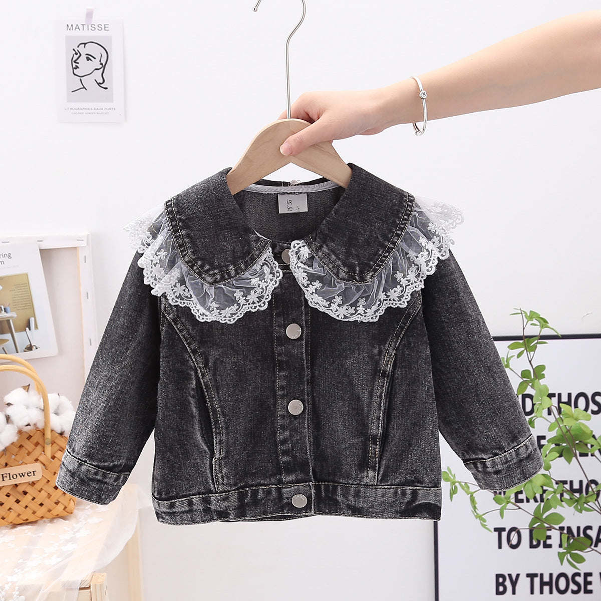 Baby Girl Lace Mesh Patches Doll Neck Button Front Design Sweet Style Denim Coat