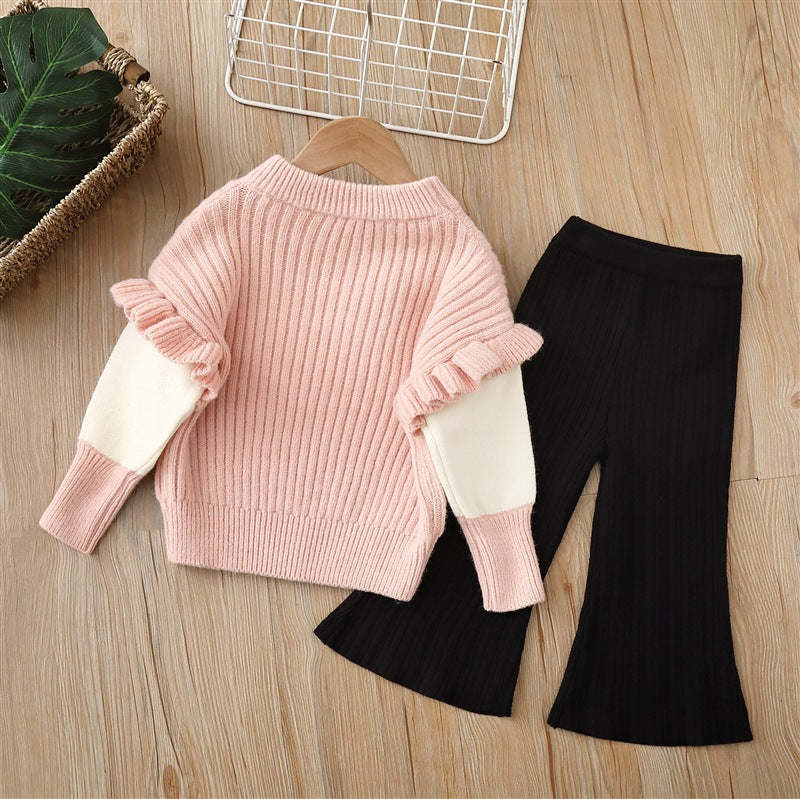 Baby Solid Color Bow Patched Sweater With Pants Sets