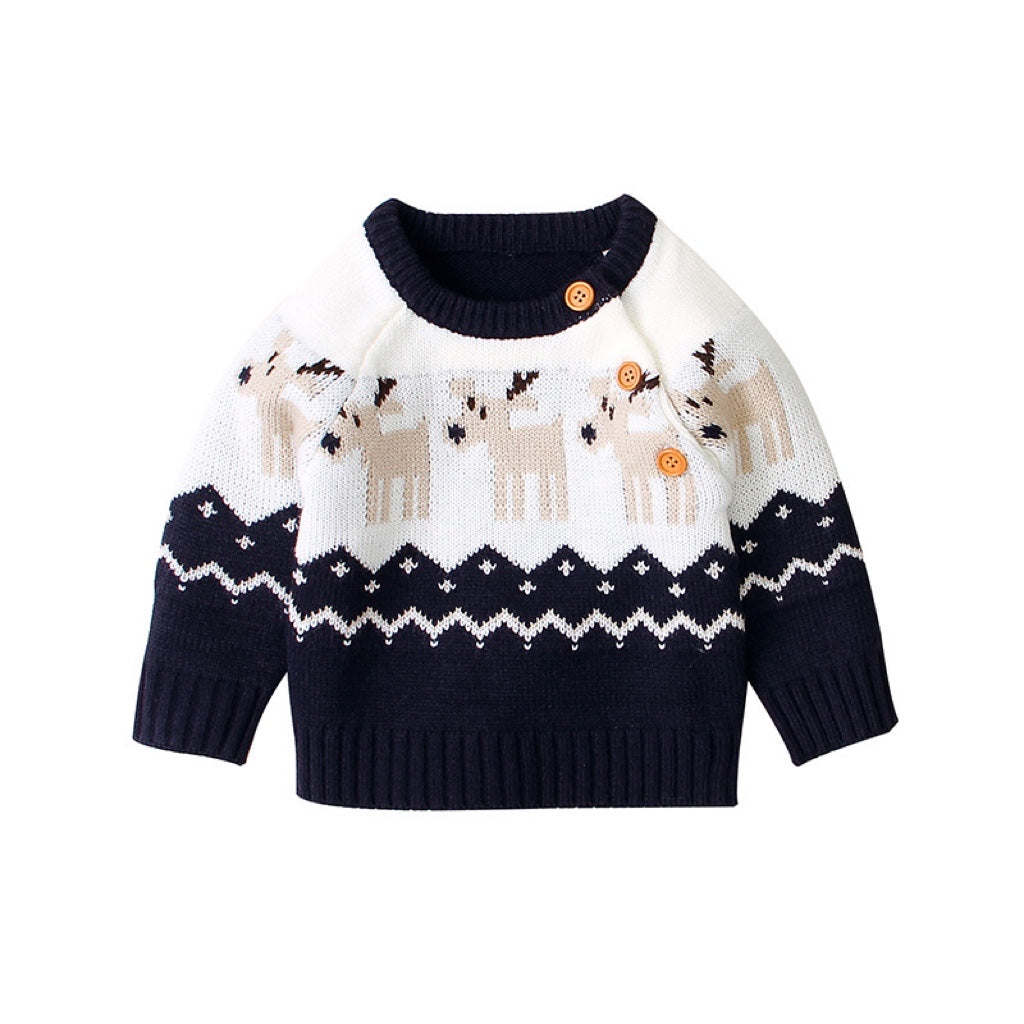 Baby Cartoon Christmas Deer Pattern Shoulder Button Design Knitted Pullover Sweater