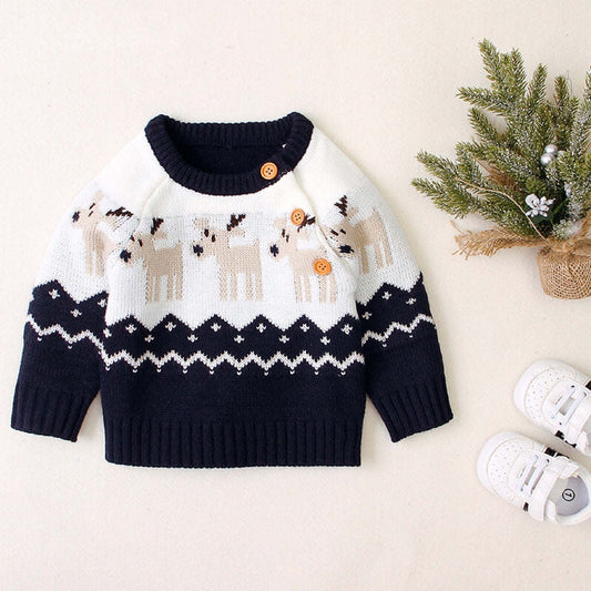 Baby Cartoon Christmas Deer Pattern Shoulder Button Design Knitted Pullover Sweater