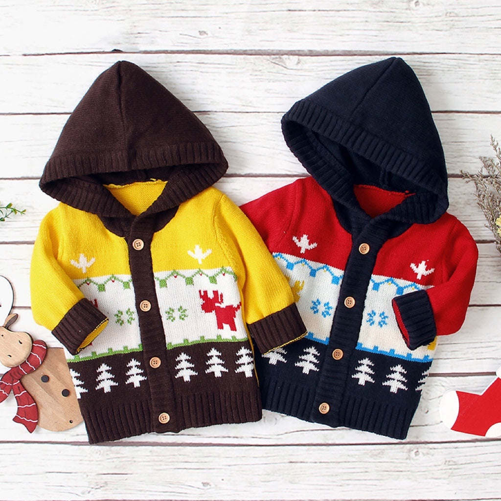 Baby Cartoon Christmas Giraffe Pattern Contrast Design Sweater Cardigan With Hat