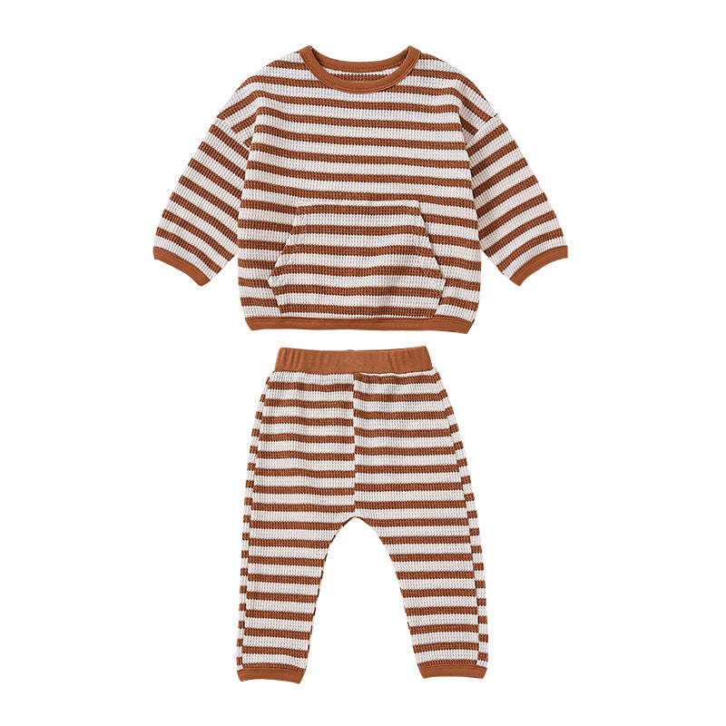 Baby Striped Pattern Or Solid Color Waffle Pocket Hoodie With Pants Sets