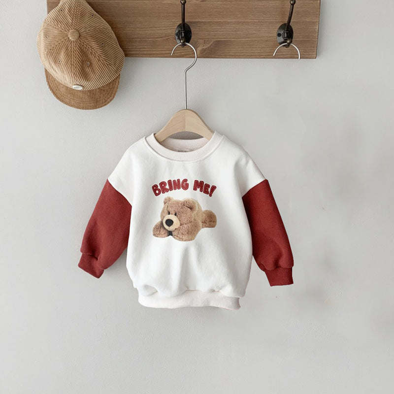 Baby Boy And Girl Bear Print Color Matching Design Spring Autumn Long Sleeve Hoodie