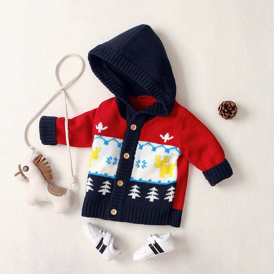 Baby Cartoon Christmas Giraffe Pattern Contrast Design Sweater Cardigan With Hat