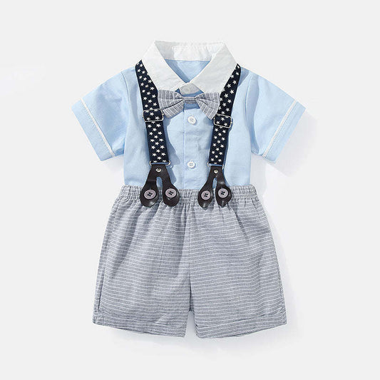 Baby Boy Solid Color Single Breasted Design Onesies With Bow Tie Combo Striped Overalls Shorts Sets