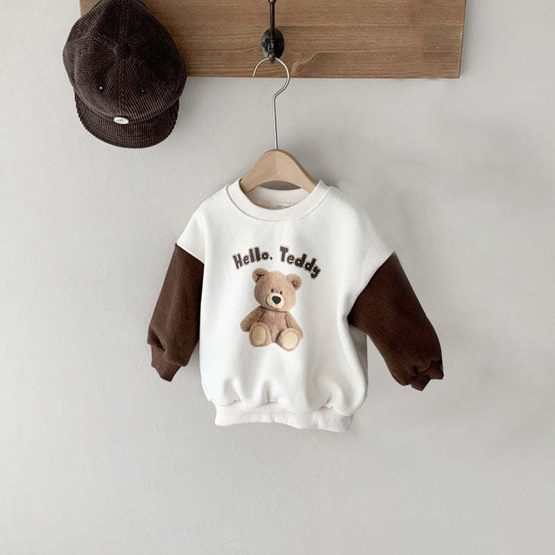 Baby Boy And Girl Bear Print Color Matching Design Spring Autumn Long Sleeve Hoodie