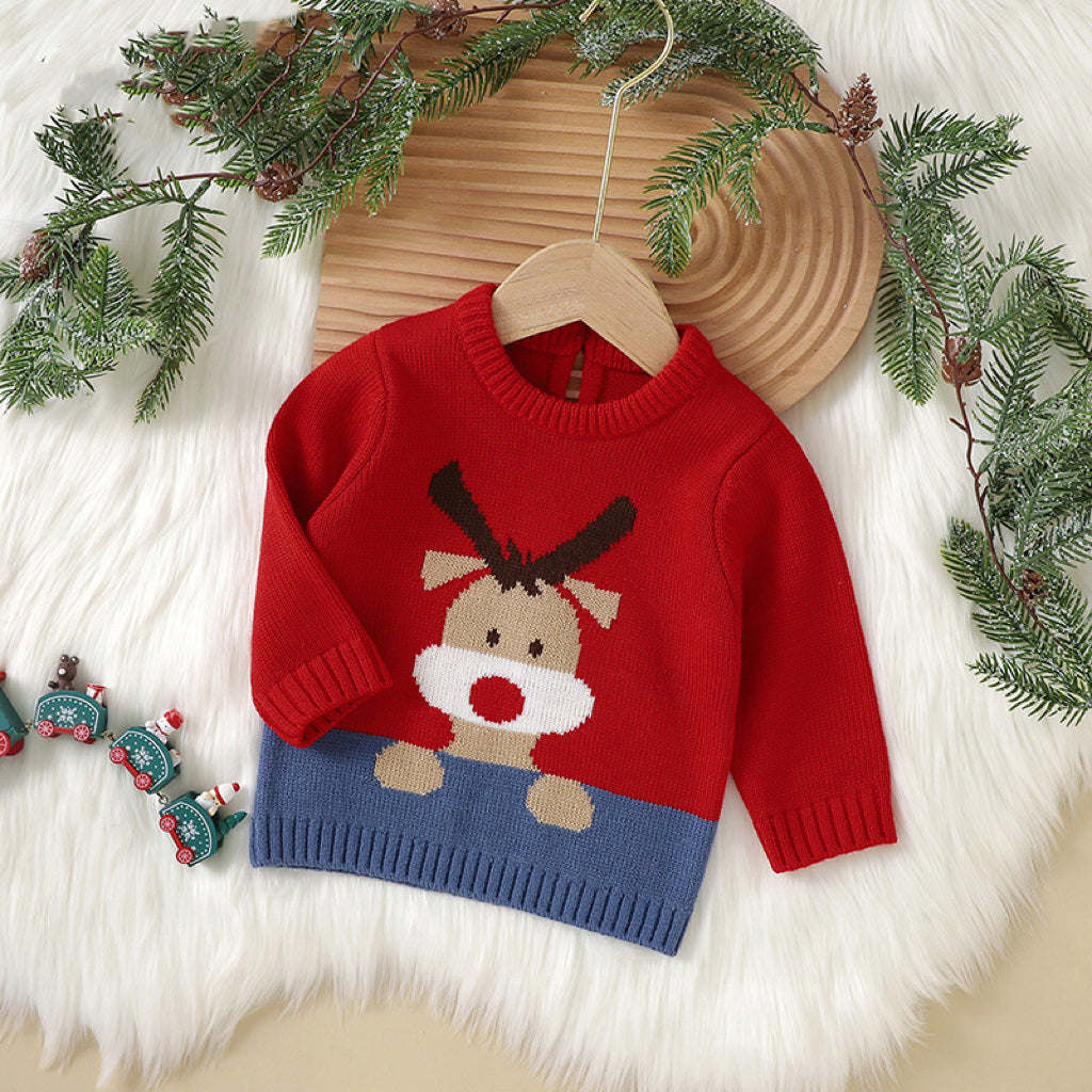 Baby Elk Print Pattern Christmas Style Pullover Sweater