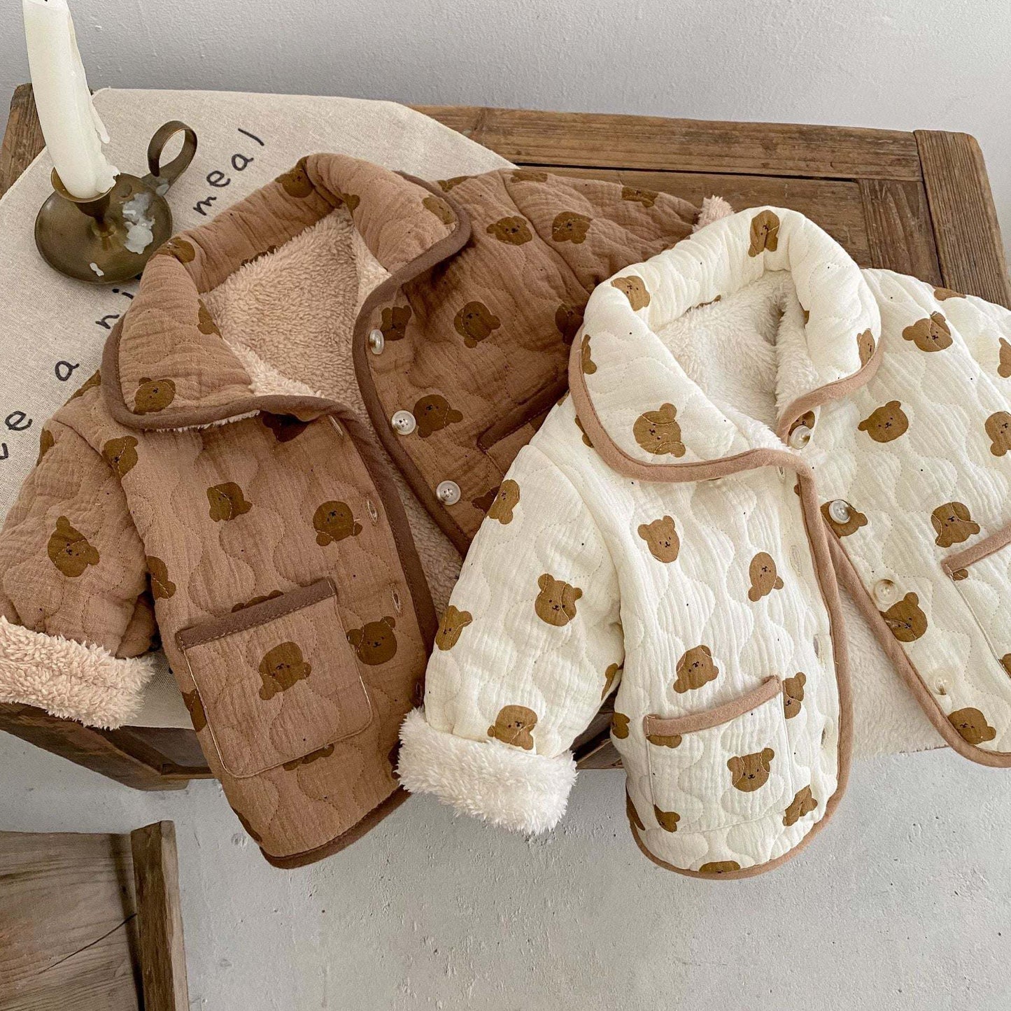 Baby Girl All Over Bear Graphic Quilted Warm Cotton Coat