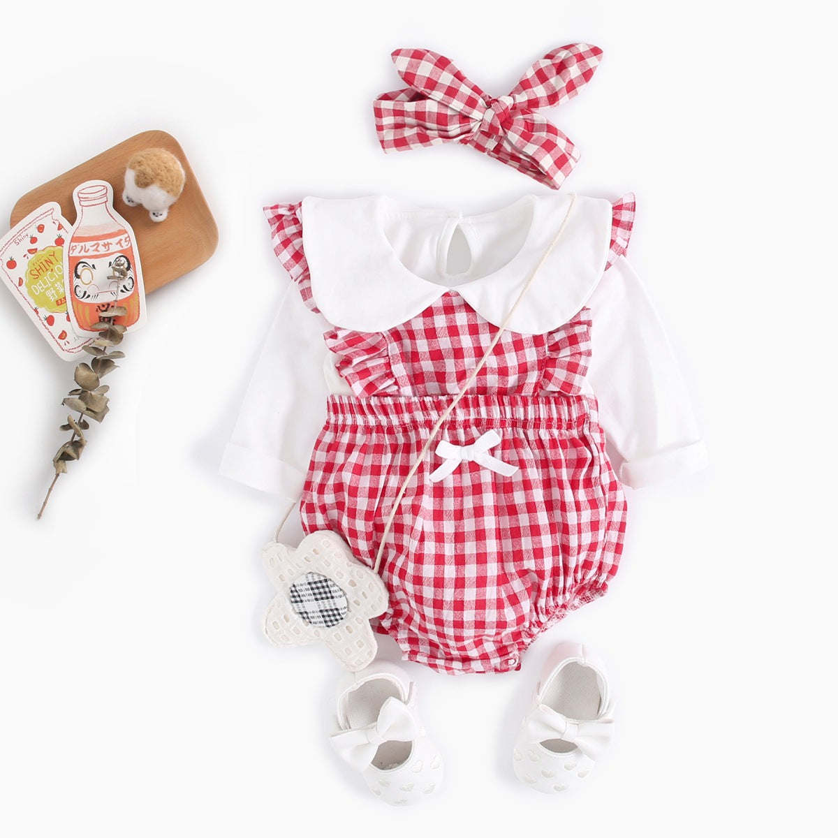 Baby Girl Doll Neck Solid Shirt & Red Plaid Graphic Bow Patched Bodysuit 1 Pieces Sets