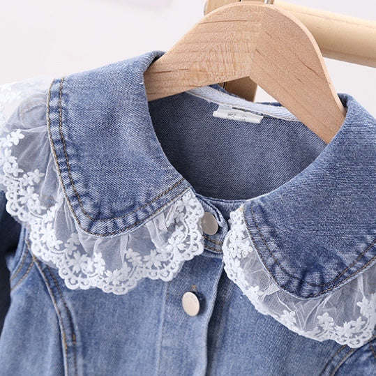 Baby Girl Lace Mesh Patches Doll Neck Button Front Design Sweet Style Denim Coat