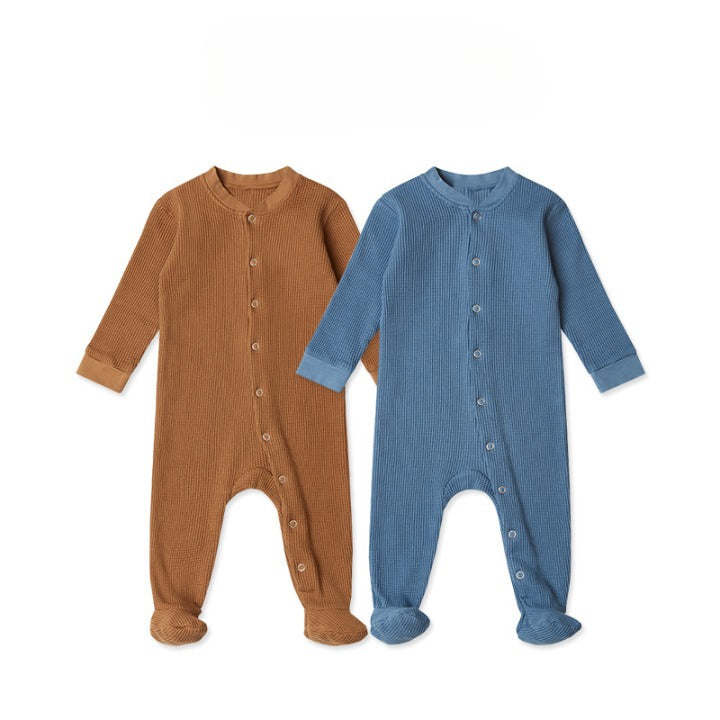 Baby Boy And Girl Waffle Knitted Fabric Solid Color Jumpsuits