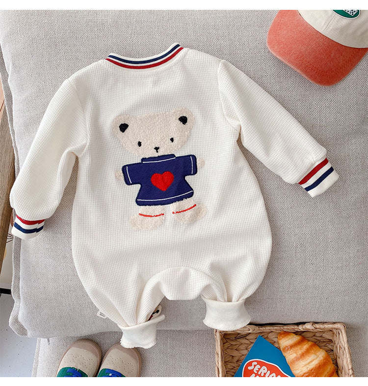 Baby Boy Bow Tie Patched Pattern Back Bear Embroidered Design Gentleman Cute Romper