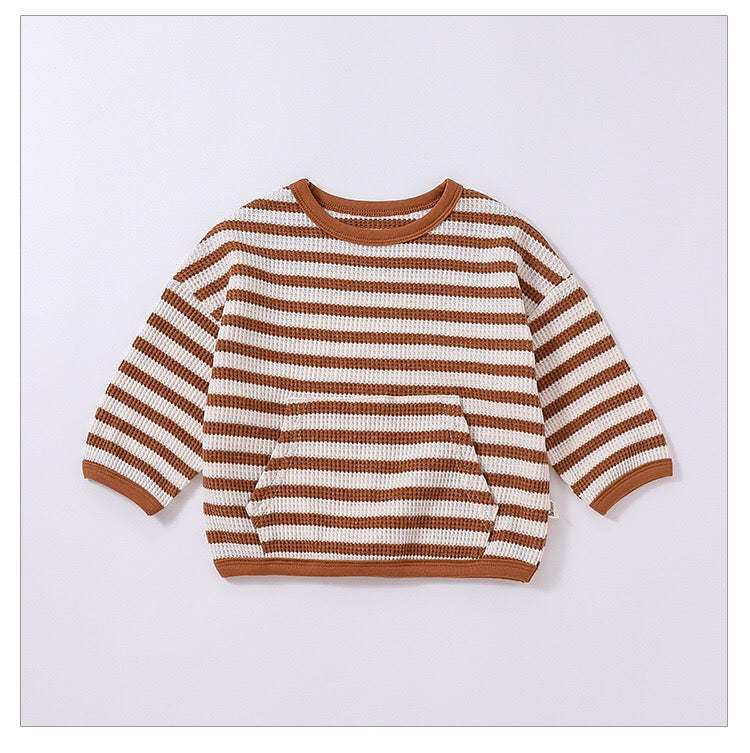 Baby Striped Pattern Or Solid Color Waffle Pocket Hoodie With Pants Sets