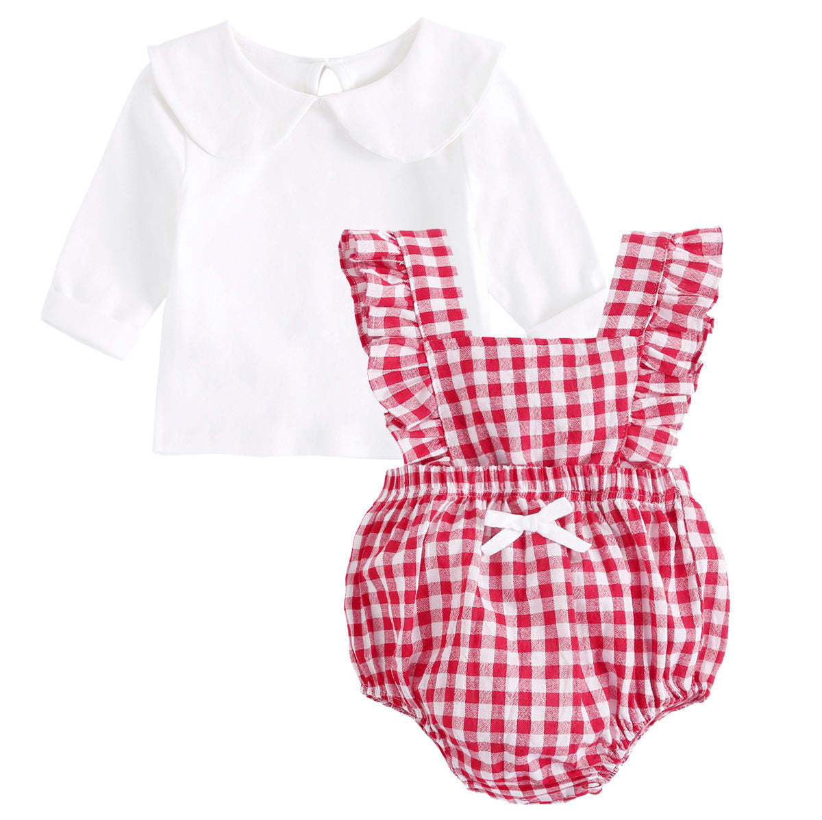 Baby Girl Doll Neck Solid Shirt & Red Plaid Graphic Bow Patched Bodysuit 1 Pieces Sets