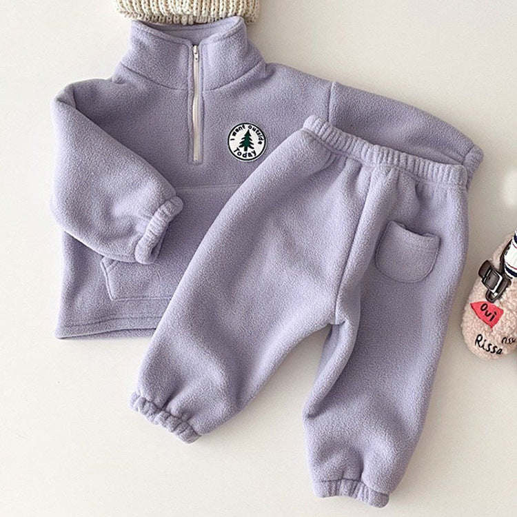 Baby Solid Color Stand Collar Autumn Winter Thermal Hoodies Sets