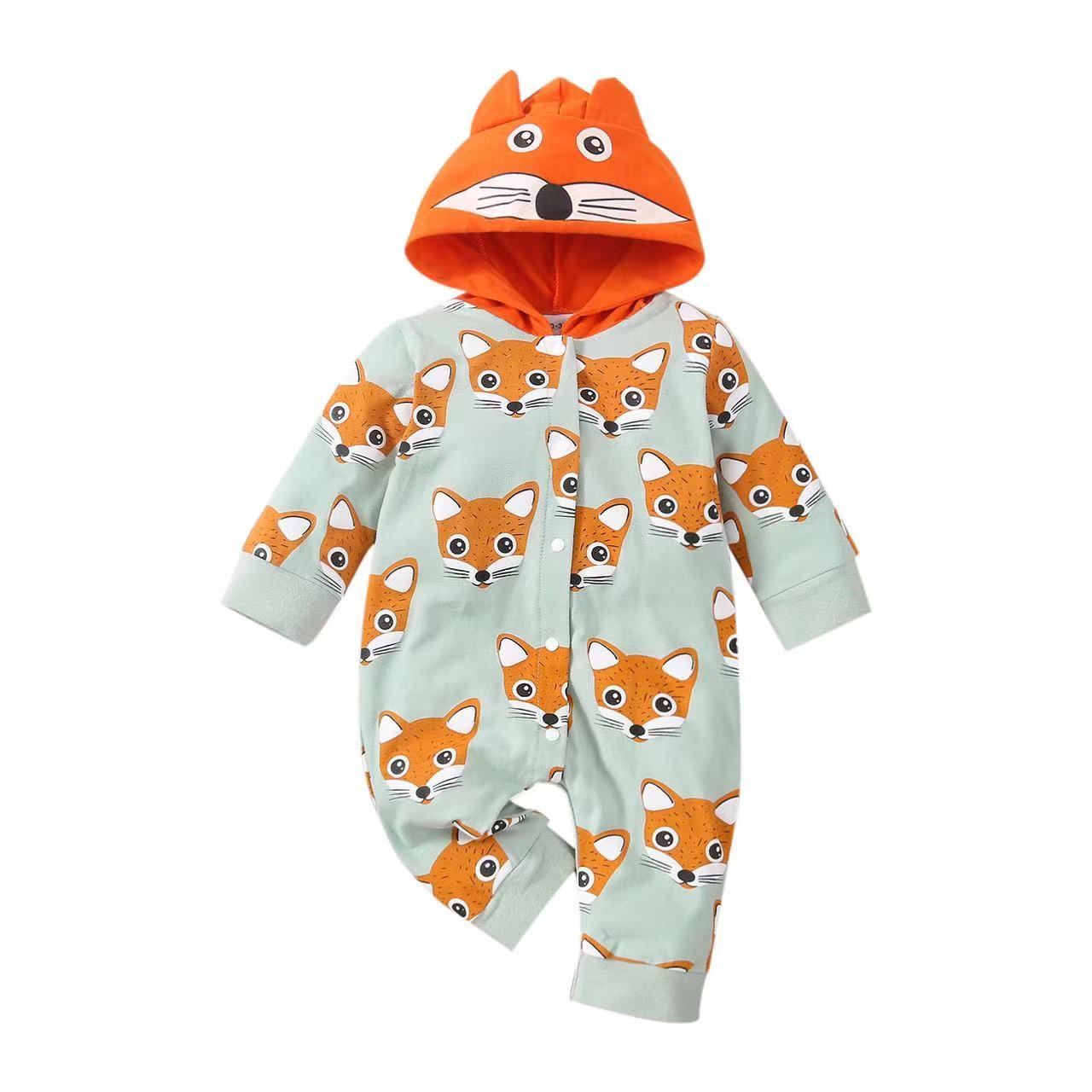 Baby Boy Allover Fox Pattern Button Front Lovely Romper With Hat Rompers