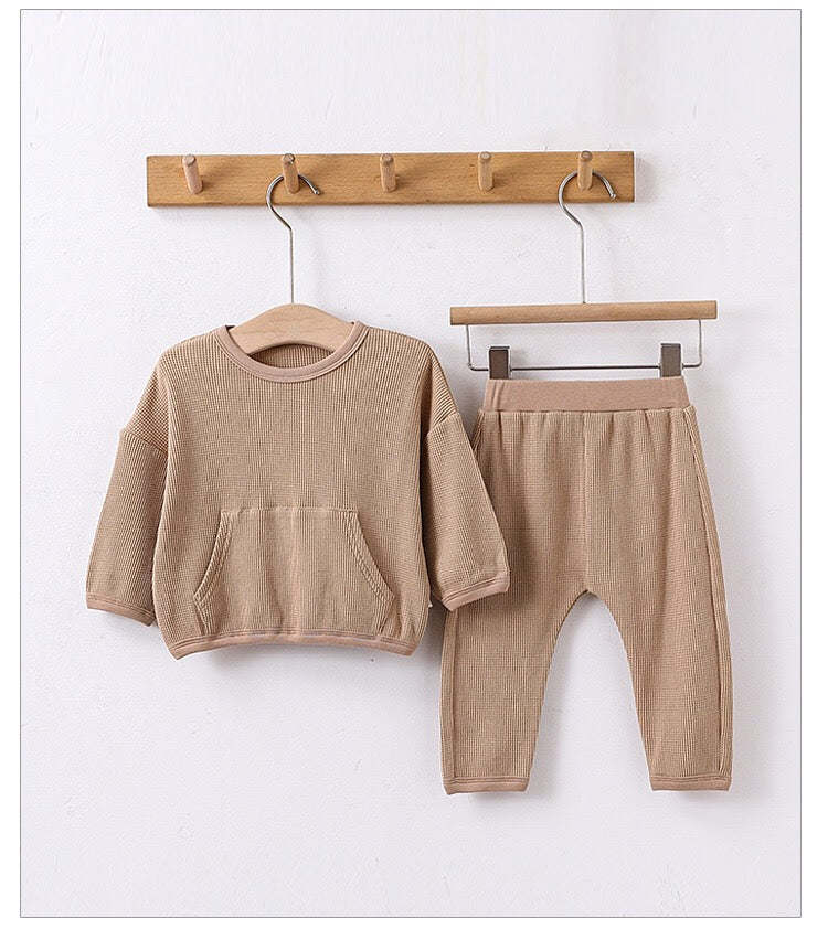 Baby Striped Pattern Or Solid Color Waffle Pocket Hoodie With Pants Sets