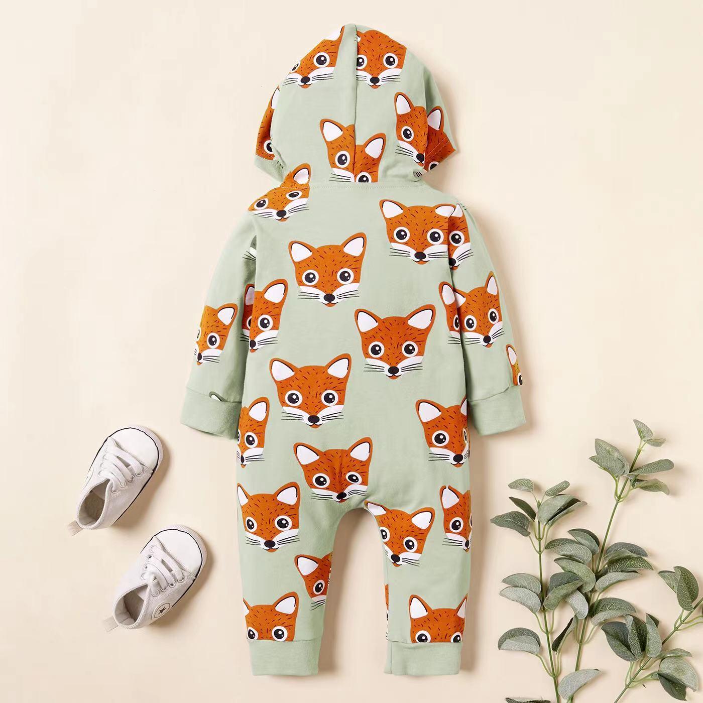 Baby Boy Allover Fox Pattern Button Front Lovely Romper With Hat Rompers