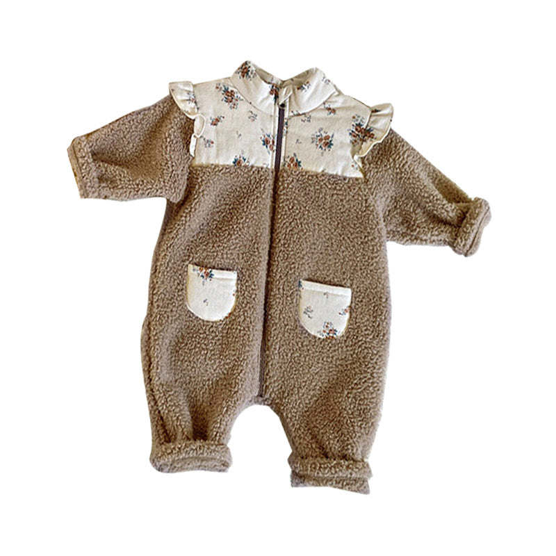 Baby Vintage Flower Patchwork Pattern Lamb's Fleece Thickened Jumpsuit