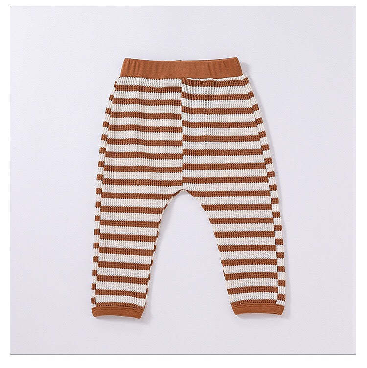 Baby Striped Pattern Or Solid Color Waffle Pocket Hoodie With Pants Sets