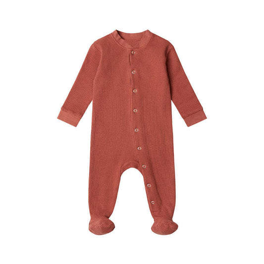 Baby Boy And Girl Waffle Knitted Fabric Solid Color Jumpsuits