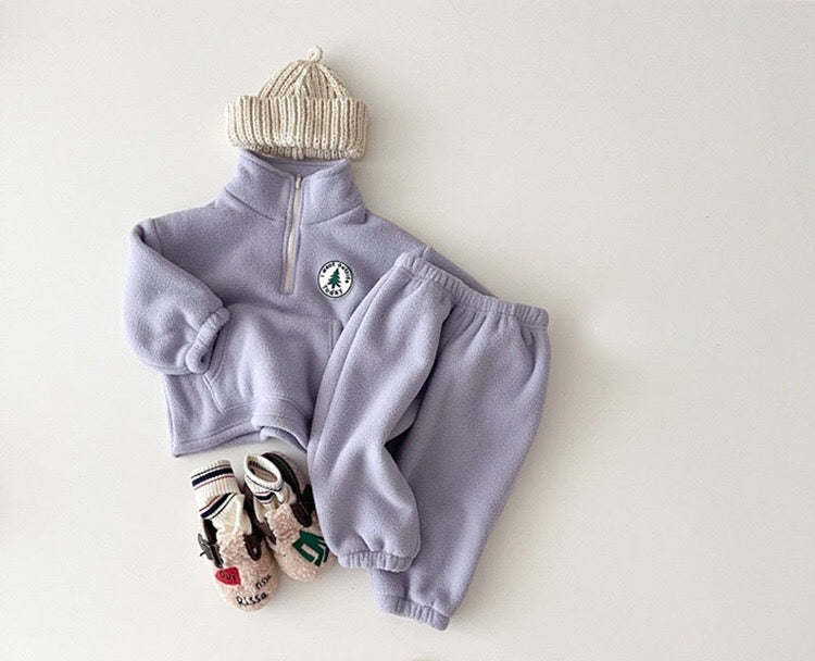 Baby Solid Color Stand Collar Autumn Winter Thermal Hoodies Sets