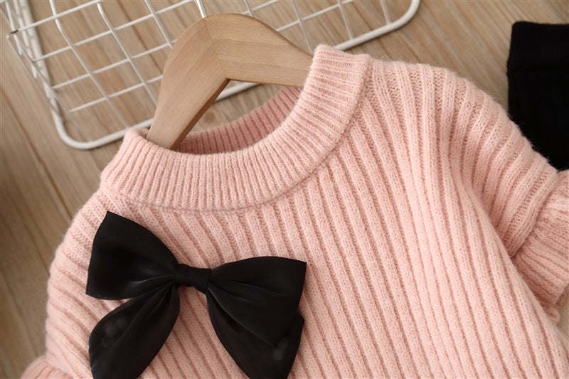 Baby Solid Color Bow Patched Sweater With Pants Sets