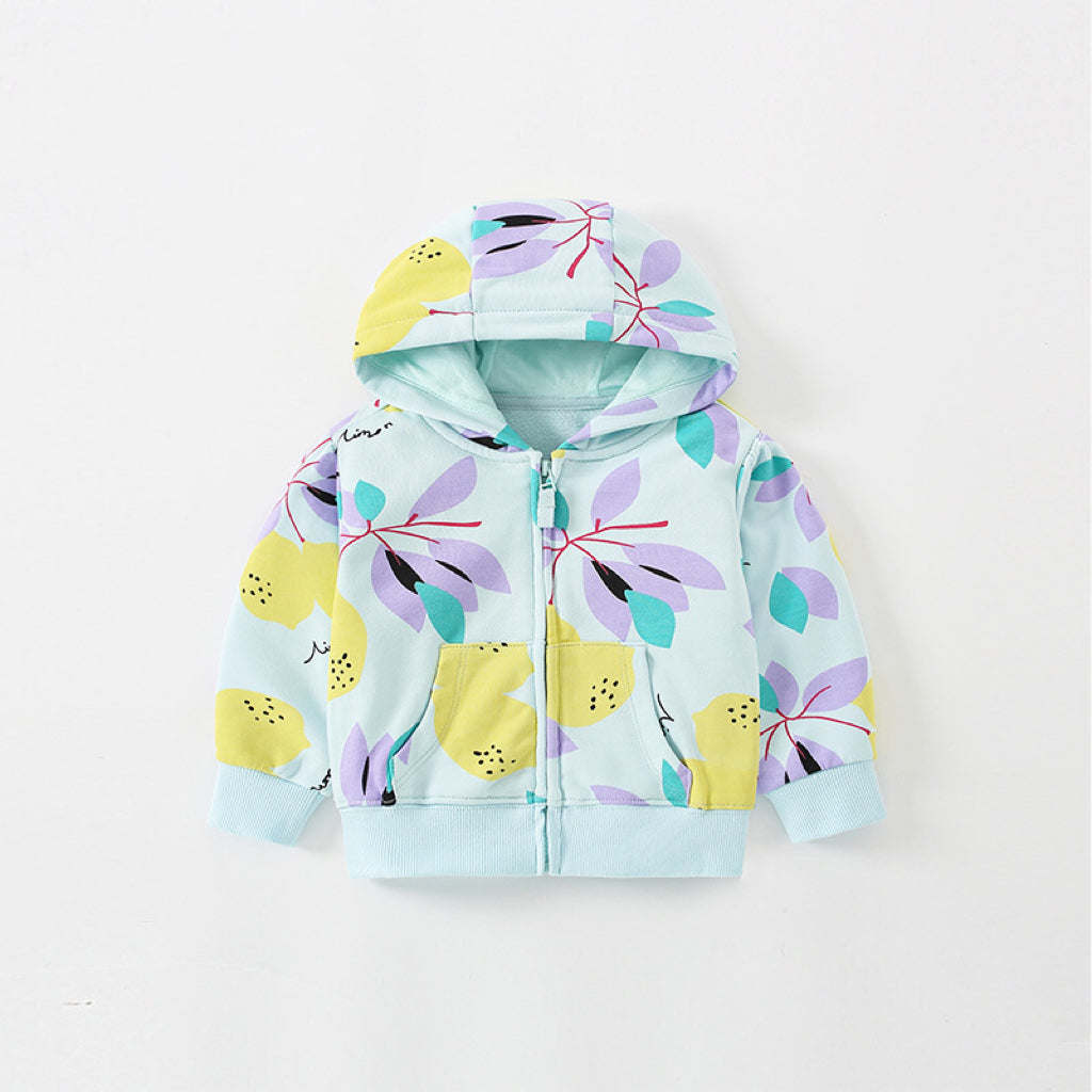 Baby Girl Floral Print Pattern Zipper Design Coat In Autumn Outfit Wearing