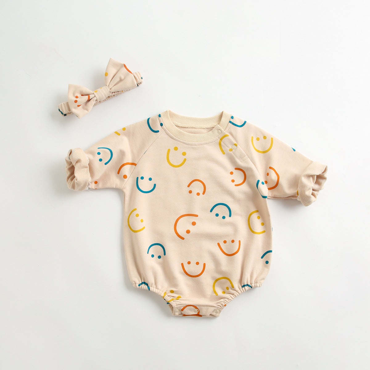 Baby Girl Smiley Print Pattern Long-Sleeve Design Round Collar Onesies