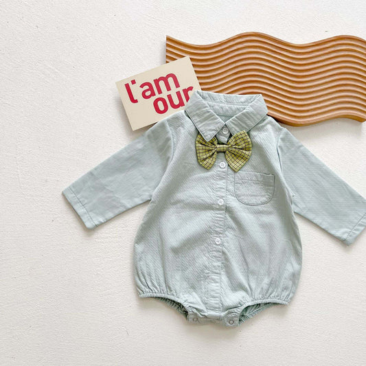 Baby Boy Solid Color & Bear Print Shirt Single Breasted Design Polo-Neck Onesies With Bow Tie