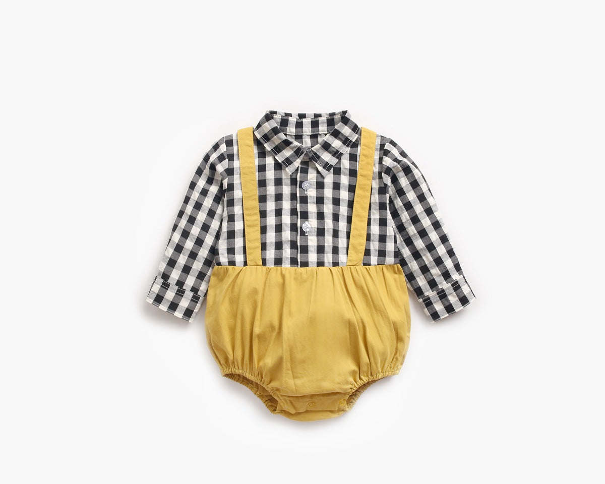 Baby Boy 1pcs Plaid Pattern False 1 Pieces Design Lapel Bodysuit Onesies