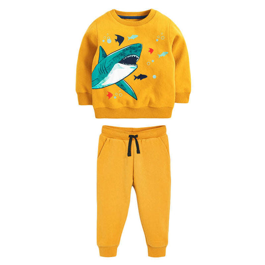 Baby Boy Cartoon Shark Graphic Hoodie Combo Solid Yellow Trousers Fleece Thermal Sets