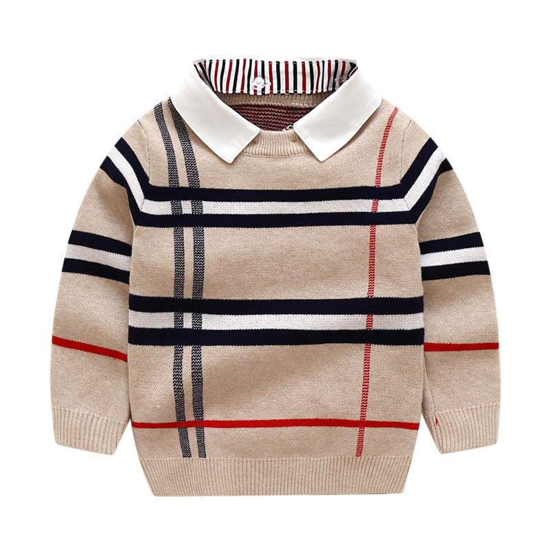 Baby Boy Striped Pattern False 1 Pieces Sweater With Detachable Shirt Neck