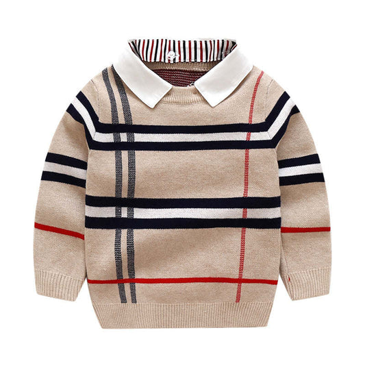 Baby Boy Striped Pattern False 1 Pieces Sweater With Detachable Shirt Neck